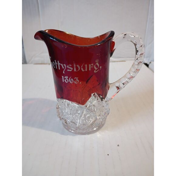Gettysburg 1863 Civil War Ruby Stained Glass 4" EAPG Near Cut Pitcher Creamer - Picture 5 of 6